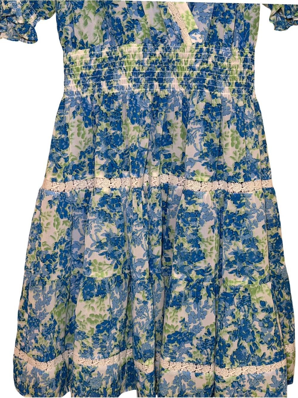 TAYLOR Vibrant Blue Floral Print Tiered Smocked Lace Trim V-Neck Babydoll Dress  - Picture 5 of 12